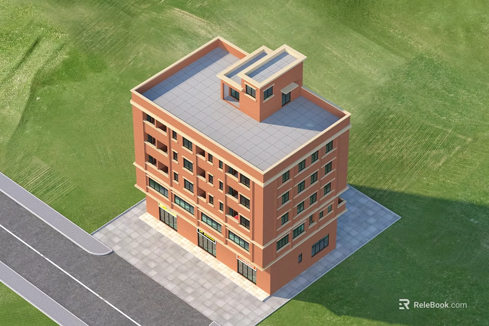 Red Brick Detached Villa Multi Storey Building With Flat Roof And Green Lawn 3d model 