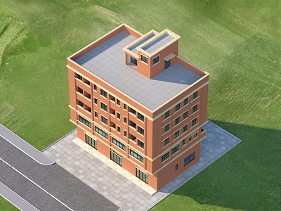 Red Brick Detached Villa Multi Storey Building With Flat Roof And Green Lawn 3d model