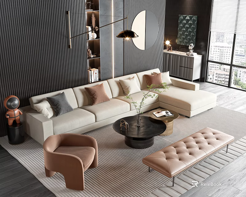 Modern Beige Sofa and Black Coffee Table Set with Brown Cushions Rug and Floor Lamp 3d model 