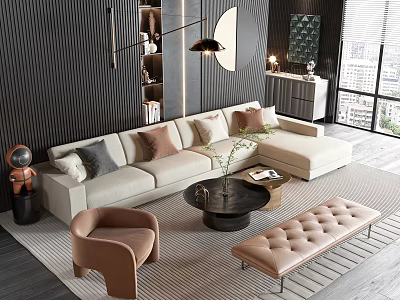 Modern Beige Sofa and Black Coffee Table Set with Brown Cushions Rug and Floor Lamp 3d model