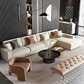 Modern Beige Sofa and Black Coffee Table Set with Brown Cushions Rug and Floor Lamp
