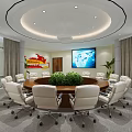 Modern Conference Room Interior With Round Table White Chairs Green Plant And Large Windows