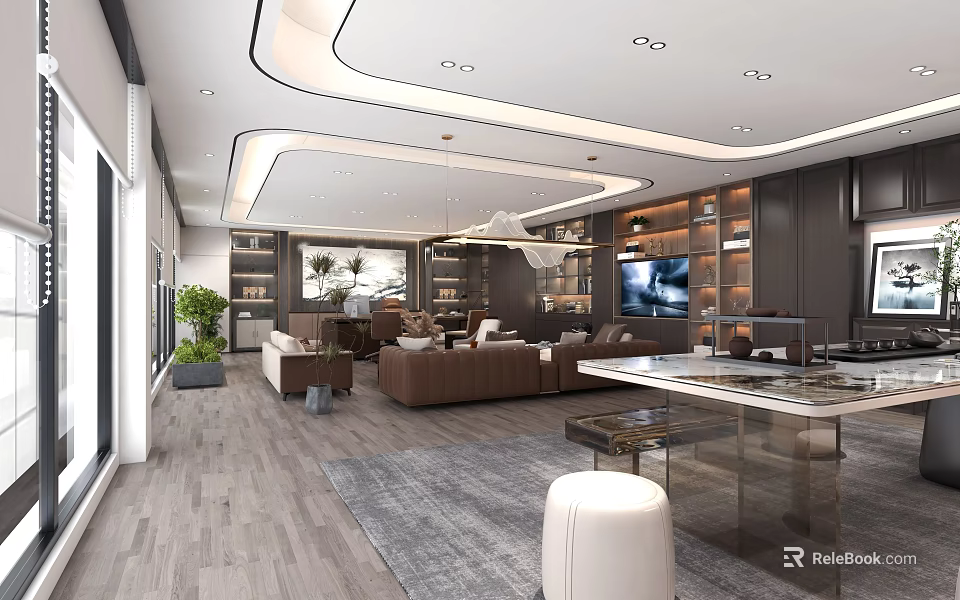 Modern Office Interior Design With Sofas Bookshelves TV Large Windows And Wooden Flooring 3d model 