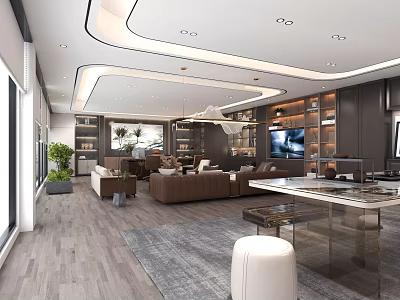 Modern Office Interior Design With Sofas Bookshelves TV Large Windows And Wooden Flooring 3d model