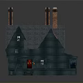 Dark Green Gabled Roof House with Three Chimneys Wooden Porch and Multiple Windows