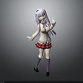 Child with white and purple hair wearing white top red plaid skirt making peace sign