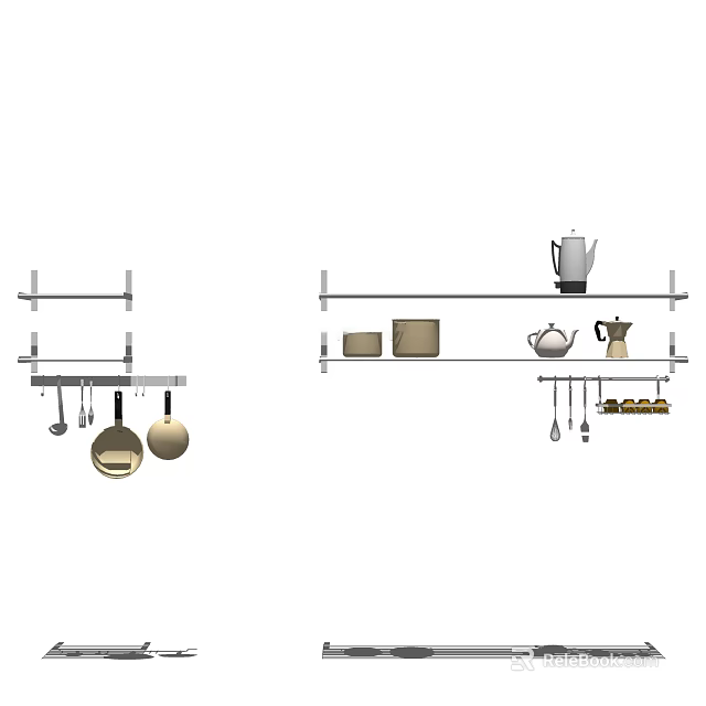 Practical Kitchen Utensils Hanging On Wall Shelf With Pans Kettle Bowls And Spoons 3d model 