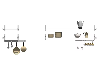 Practical Kitchen Utensils Hanging On Wall Shelf With Pans Kettle Bowls And Spoons 3d model