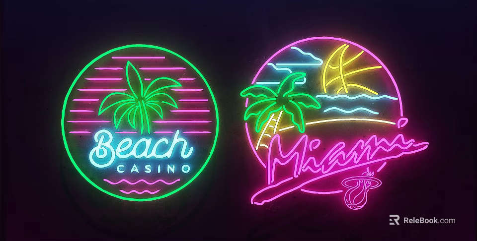 Neon Decorative Lights With Circular Design Palm Trees Beach Miami Theme 3d model 