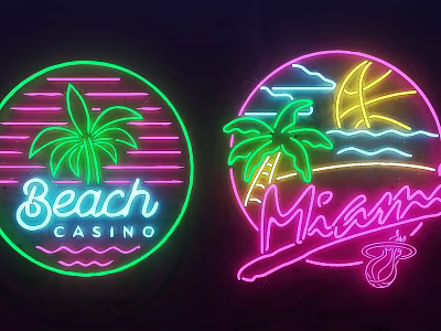 Neon Decorative Lights With Circular Design Palm Trees Beach Miami Theme 3d model