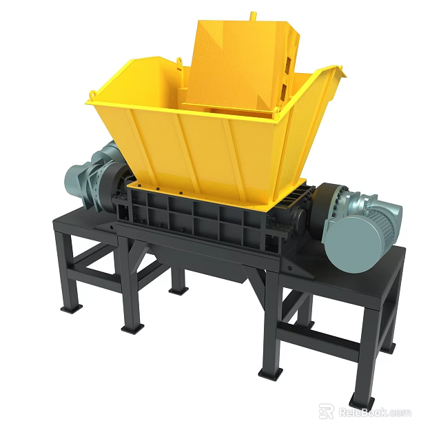 Industrial Dual Shaft Shredder With Yellow Hopper And Black Frame Motor 3d model 