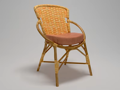 Stylish Wicker Leisure Chair With Pink Cushion Wooden Frame And Curved Armrests 3d model