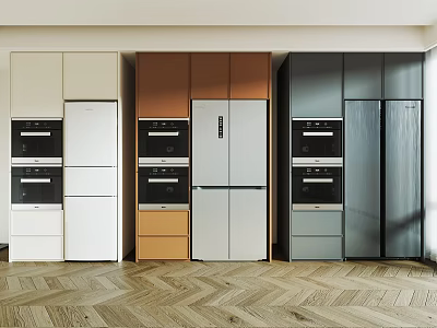 Modern Kitchen Interior With Built in Refrigerators Freezers and Appliances in Various Colors 3d model