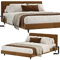 Modern Double Bed With Brown Upholstered Frame White Bedding Striped Throw And Pillows 3d model