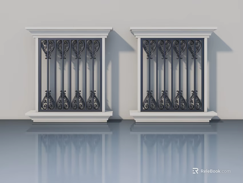 Classic Swing Door Design With White Frame And Wrought Iron Ornaments 3d model 