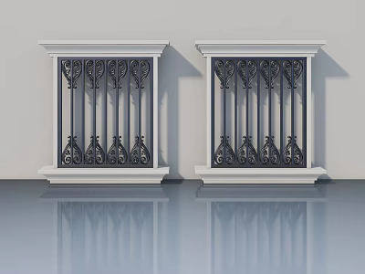 Classic Swing Door Design With White Frame And Wrought Iron Ornaments 3d model