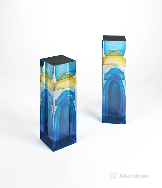 Modern Glass Decorative Ornament Set With Blue Yellow Layers And Rectangular Shape 3d model 
