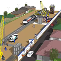 Road Infrastructure Construction Site With Crane Train Workers And Residential Buildings 3d model