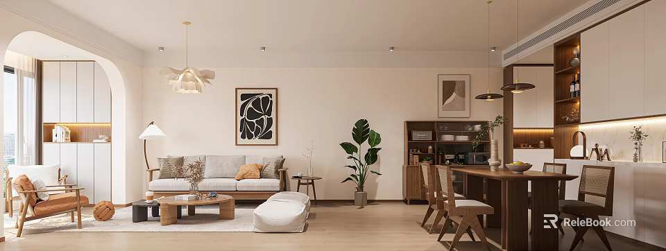 Modern Living And Dining Room With Sofa Coffee Table Dining Chairs Artworks And Green Plant 3d model 