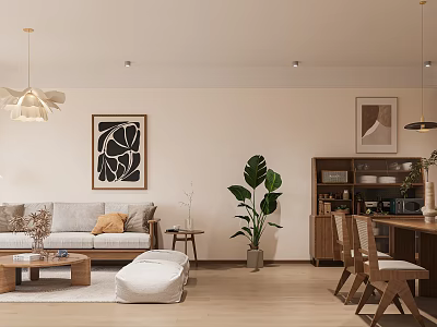 Modern Living And Dining Room With Sofa Coffee Table Dining Chairs Artworks And Green Plant 3d model