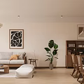 Modern Living And Dining Room With Sofa Coffee Table Dining Chairs Artworks And Green Plant