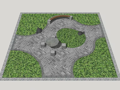 Garden Ornament Design Featuring Circular Green Area Paved Ground Stone Table And Stools 3d model