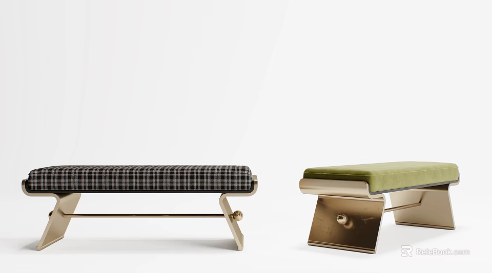 Modern Design Benches With Black White Plaid And Green Cushions On Metal Frames 3d model 