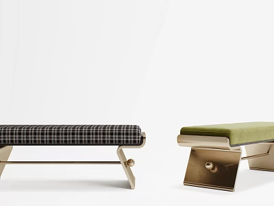 Modern Design Benches With Black White Plaid And Green Cushions On Metal Frames 3d model
