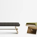 Modern Design Benches With Black White Plaid And Green Cushions On Metal Frames