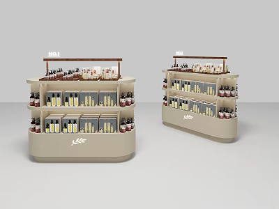 Curved Beige Display Shelves With Multiple Layers And Bottled Products Featuring KOS Logo 3d model