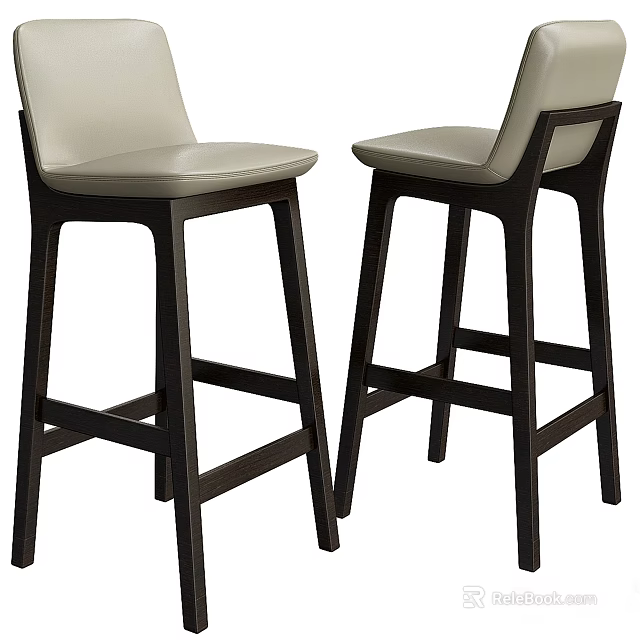 Pair of Modern Bar Stools with Light Upholstered Seat and Dark Wooden Legs 3d model 