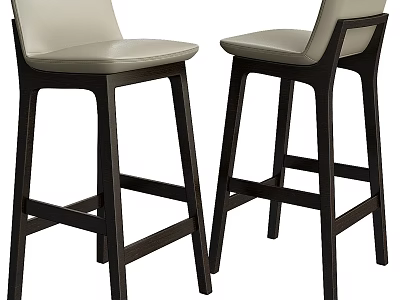 Pair of Modern Bar Stools with Light Upholstered Seat and Dark Wooden Legs 3d model