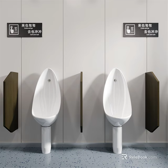 White Ceramic Urinals In Modern Restroom With Wooden Dividers And Light Walls 3d model 