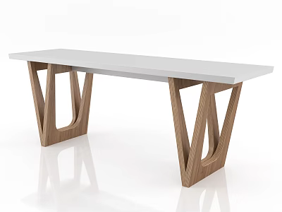 Modern Office Desk Featuring White Top And Unique Wooden Geometric Legs 3d model