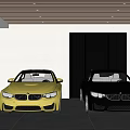Modern Garage Interior With Yellow And Gray Sports Cars And Staircase Lighting