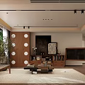 Modern Living and Dining Room Interior With Sofa Bookshelf And Floor to Ceiling Windows