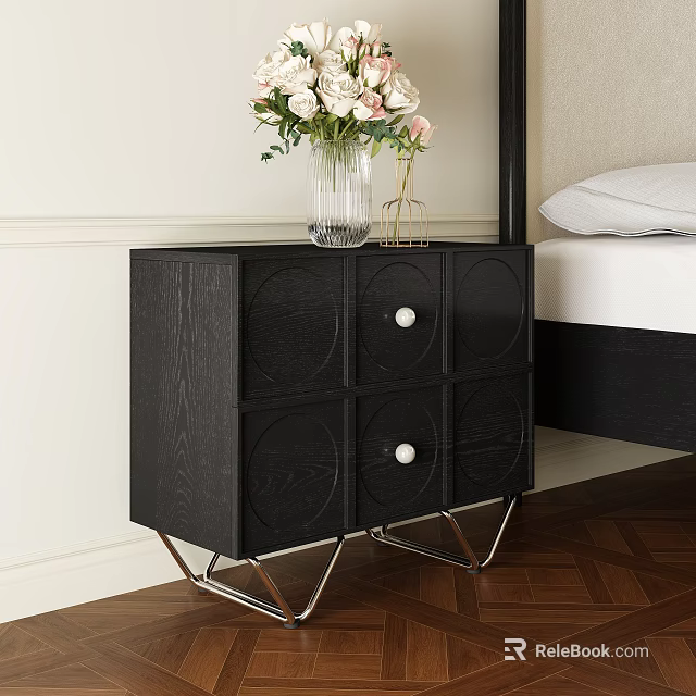 Black Bedside Table with Round Panels Metal Legs and Clear Vase Holding White Pink Flowers 3d model 