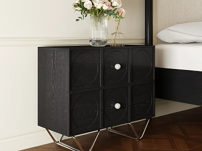 Black Bedside Table with Round Panels Metal Legs and Clear Vase Holding White Pink Flowers 3d model