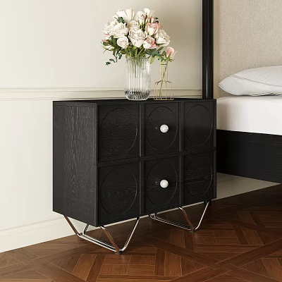 Black Bedside Table with Round Panels Metal Legs and Clear Vase Holding White Pink Flowers 3d model
