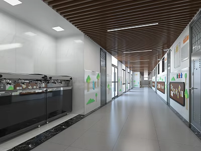 Modern Elevator Corridor Design With White Walls Wooden Ceiling Lighting Fixtures And Storage Units 3d model