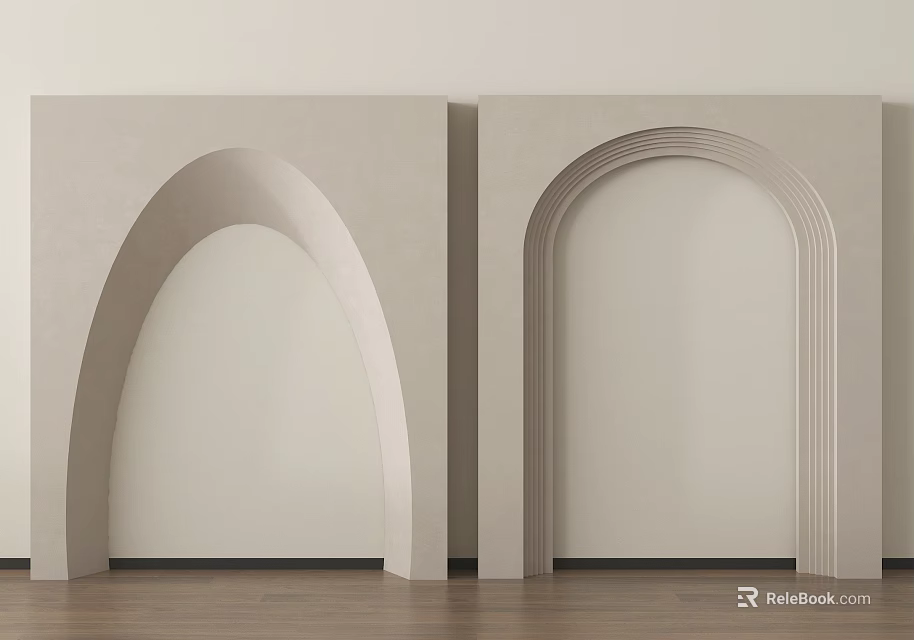 Light Colored Arched Door Frame Components Against Light Walls And Wooden Floor 3d model 