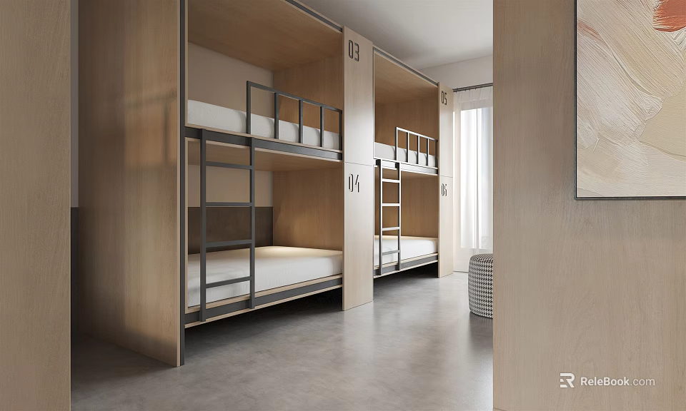 Modern Hotel Room With Wooden Bunk Beds And Minimalist Interior Design Elements 3d model 