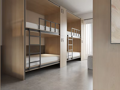Modern Hotel Room With Wooden Bunk Beds And Minimalist Interior Design Elements 3d model