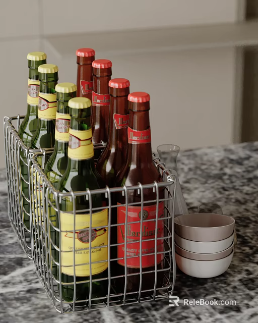 Restaurant Kitchen With Metal Basket Holding Wine Bottles Stacked Cups On Marble Countertop 3d model 