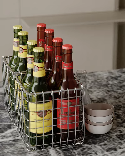 Restaurant Kitchen With Metal Basket Holding Wine Bottles Stacked Cups On Marble Countertop 3d model