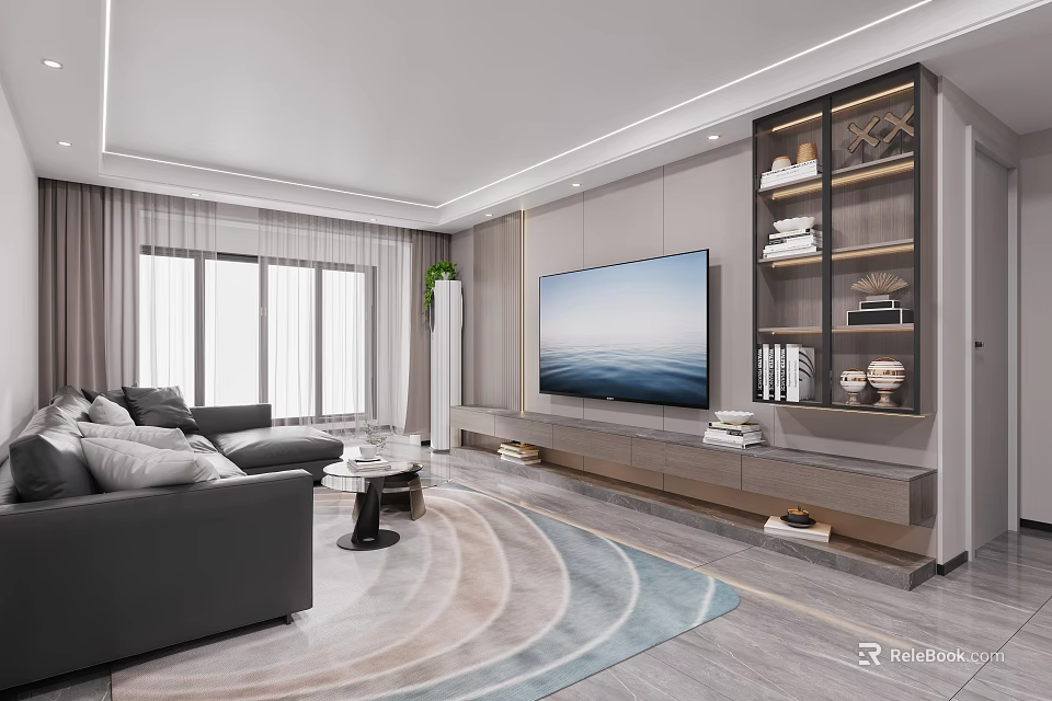 Modern Living Dining Room With Grey Sofa Round Rug TV Wall Plants And Wooden Shelves 3d model 