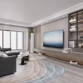 Modern Living Dining Room With Grey Sofa Round Rug TV Wall Plants And Wooden Shelves