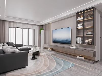 Modern Living Dining Room With Grey Sofa Round Rug TV Wall Plants And Wooden Shelves 3d model