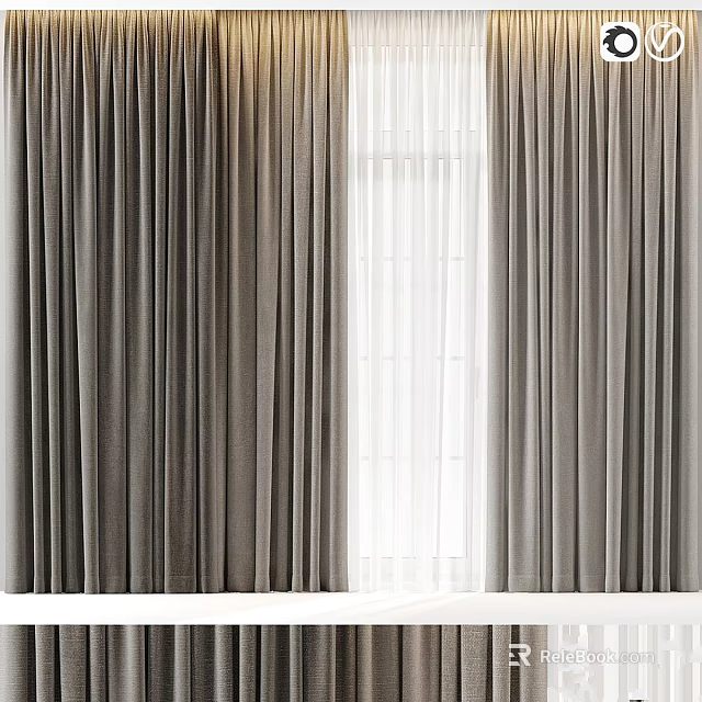 Gray Textured Curtains With White Sheer Layer For Modern Window Decoration 3d model 