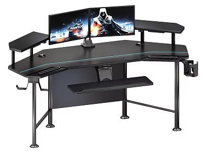 Elegant Black Entertainment Desk With Dual Monitors RGB Lighting Side Shelves And Mouse 3d model